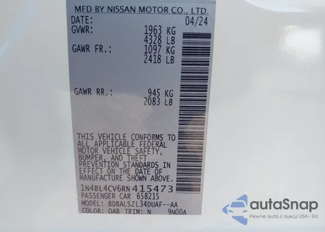 2024 Nissan Altima Sr Fwd из США, поврежденный, VIN 1N4BL4CV6RN415473